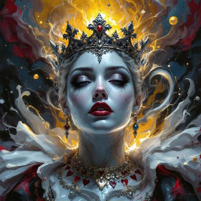 The primary subject of the image is a woman with a crown on her head. She is wearing a white dress and has a red lipstick on her lips. The setting is a dark background, which adds to the overall mood of the image. The visual style is a digital art, illustration, or drawing, creating a surreal and dramatic atmosphere. The colors in the image are predominantly dark, with the woman's white dress and red lipstick standing out as the main focal points.